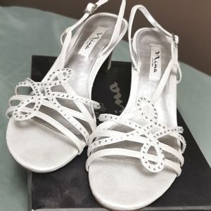 Strappy sling back sandals. White and silver. Size 10 M.